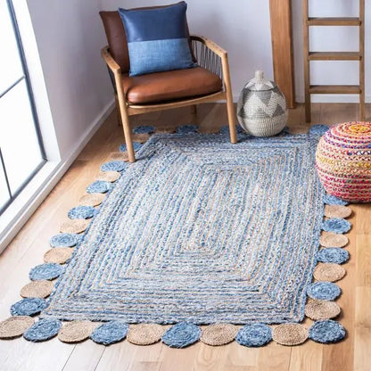 Avioni Home Eco Collection – Denim & Jute Braided Rug with Round Circle Border