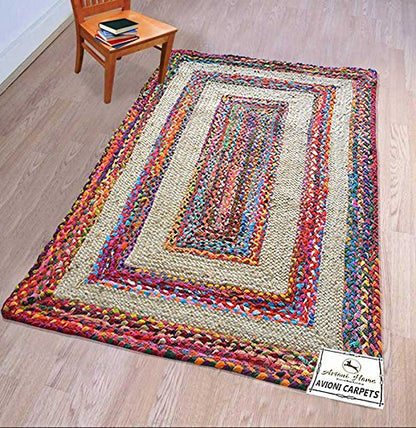 Braided Area Rug – Ecofriendly Recycled Cotton Chindi and Jute – Colorful Contemporary Design – Avioni Premium Eco Collection