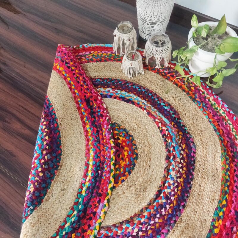 5X5,8X8X, Custom size handmade braided chindi jute rug for living room round rug 2024 Multi color recycled material rug