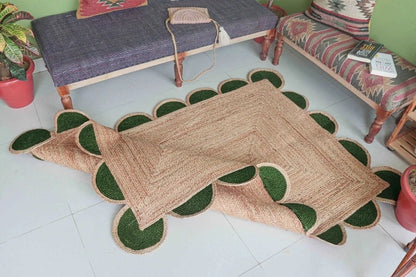 Jute (Natural and Dyed Jute) Handmade Braided Rugs | Natural & Green Scalloped Area Rug | Avioni- Premium Collection