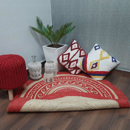 Avioni Jute Braided Printed Carpet in Red Tribal Design -120 Cms Round