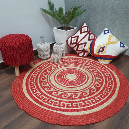 Avioni Jute Braided Printed Carpet in Red Tribal Design -120 Cms Round