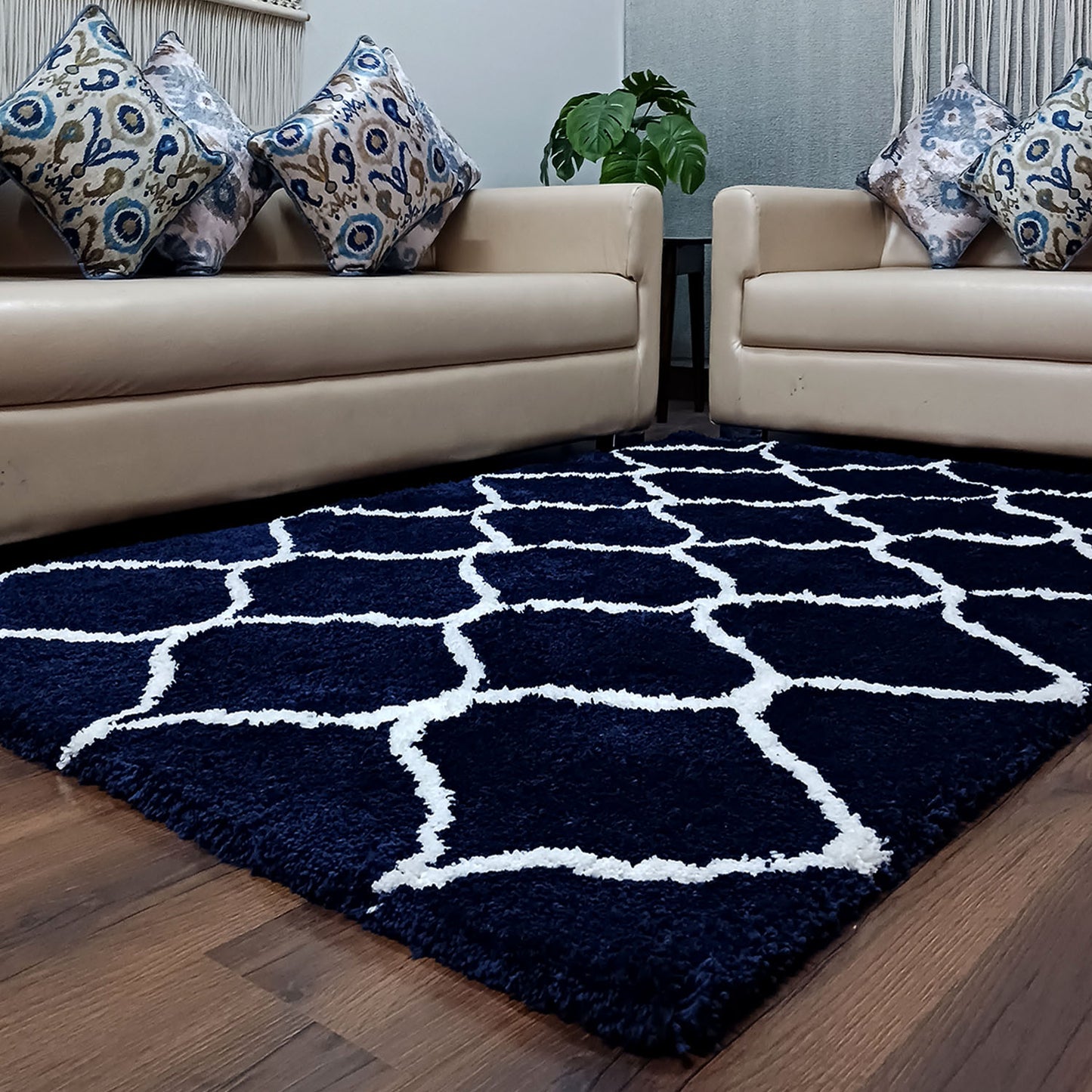 Avioni Atlas Collection- Micro Moroccan Lattice Carpet In Cream And Blue-Different Sizes