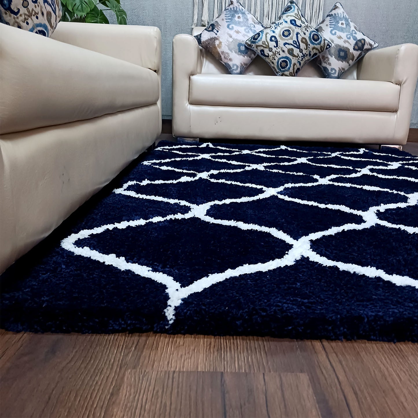 Avioni Atlas Collection- Micro Moroccan Lattice Carpet In Cream And Blue-Different Sizes