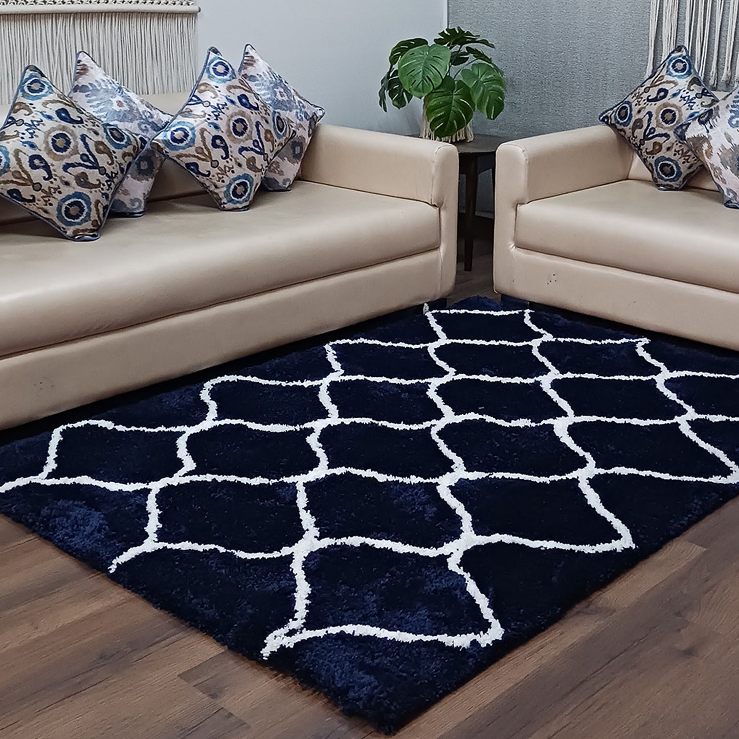 Avioni Atlas Collection- Micro Moroccan Lattice Carpet In Cream And Blue-Different Sizes