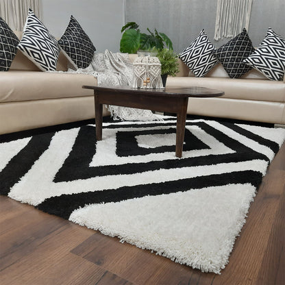 Avioni Home Atlas Collection - Moroccan Style Microfiber Carpet In White and Black | Soft, Non-Slip, Easy to Clean