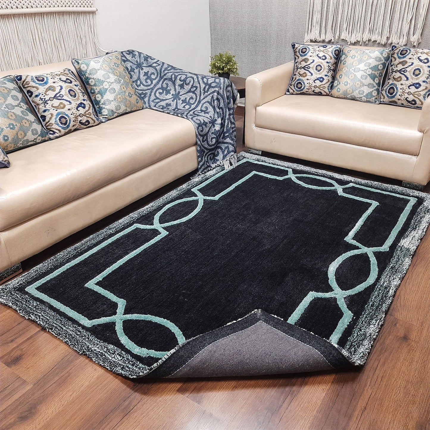 Avioni Luxury Collection- Plush Luxury Dark Grey and Aqua Tone Carpet with 3d Traditional Design -Different Sizes Shaggy Fluffy Rugs and Carpet for Living Room