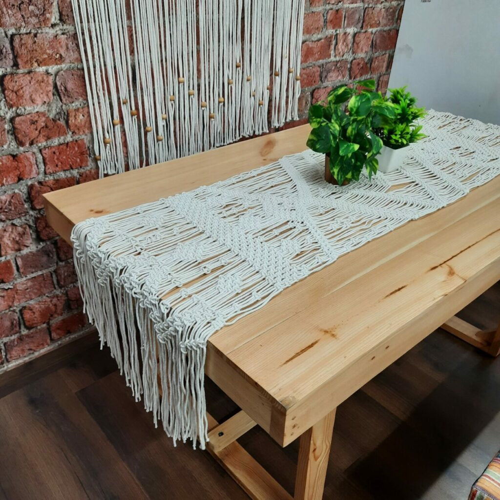 Macrame Table Runner-100% Cotton Bleached for Bright Look-18×72 inch (46×183 inch)-Avioni