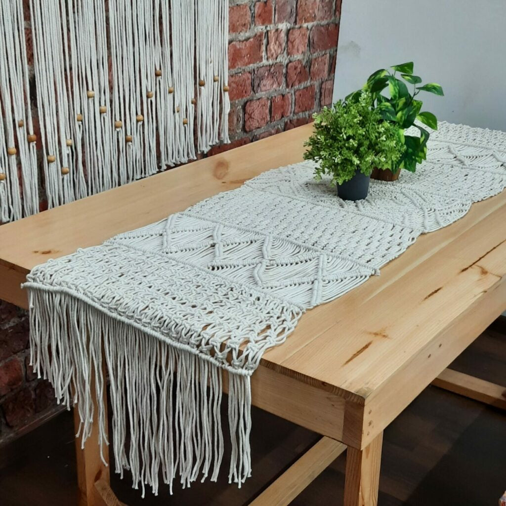 Macrame Table Runner-100% Cotton Bleached for Bright Look-18×72 inch (46×183 inch)-Avioni