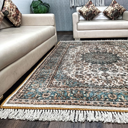 Silk Carpet Persian Design Collection Green And Beige – Living Room Rug -Avioni