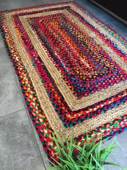 Braided Area Rug – Ecofriendly Recycled Cotton Chindi and Jute – Colorful Contemporary Design – Avioni Premium Eco Collection