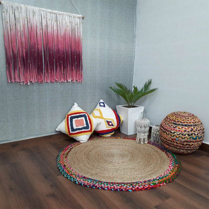 Jute And Cotton Chindi Border Carpets – Braided Area Rugs – Round Rug Handmade – Avioni
