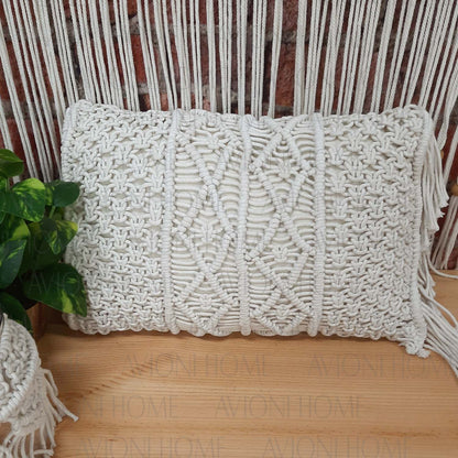 Bohemian Style Hand Knotted Macrame Cushion 100% Bleached Cotton With Filler- 12X20 Inch (30×50 cms)