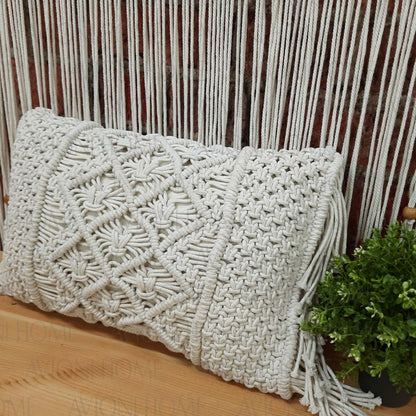 Bohemian Style Hand Knotted Macrame Cushion 100% Bleached Cotton With Filler- 12X20 Inch (30×50 cms)