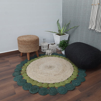 Avioni Braided Round Shaped Flower Look Rug In Greenish Shade- 4 Feet (122 cms)