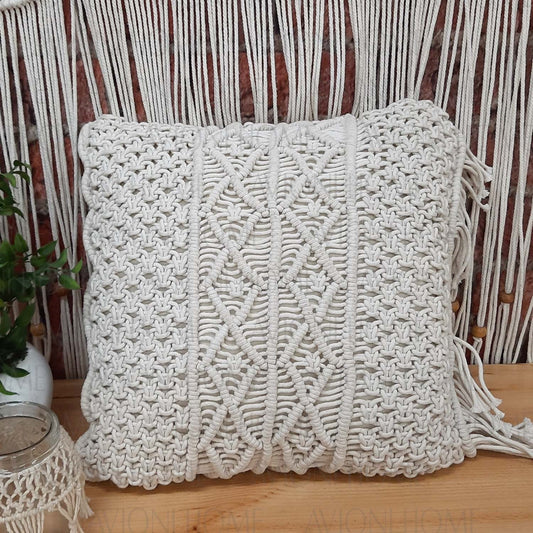 Bohemian Style Hand Knotted Macrame Cushion 100% Bleached Cotton With Filler- 18X18 Inch (45×45 cms)