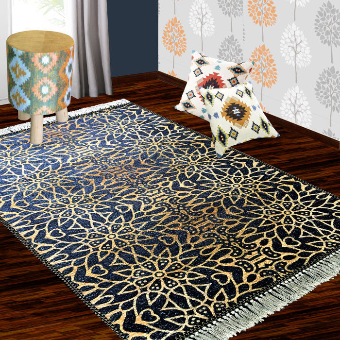 Silk Carpet Modern Design Collection Blue With Gold – Living Room Rug – 3×5 Feet (90 x 150 cms)-Avioni