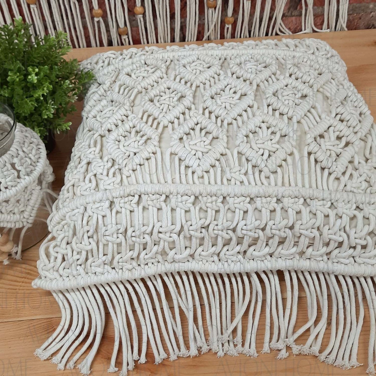 Bohemian Style Hand Knotted Macrame Cushion 100% Bleached Cotton With Filler- 18X18 Inch (45×45 cms)