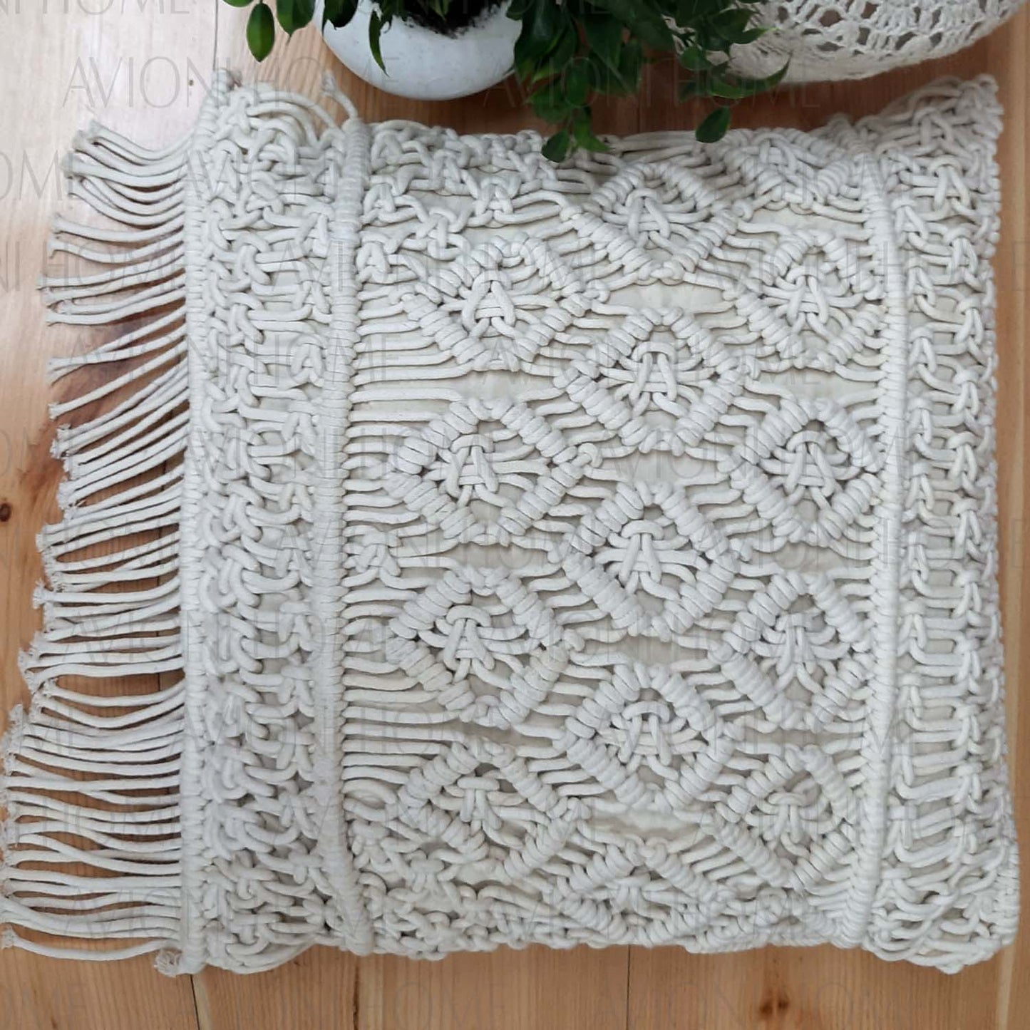 Bohemian Style Hand Knotted Macrame Cushion 100% Bleached Cotton With Filler- 18X18 Inch (45×45 cms)