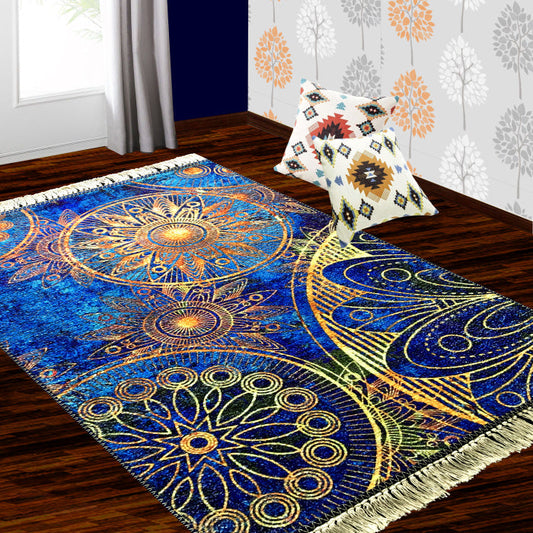 Silk Carpet Modern Design Collection Blue Mandala – Living Room Rug – 3×5 Feet (90 x 150 cms)-Avioni