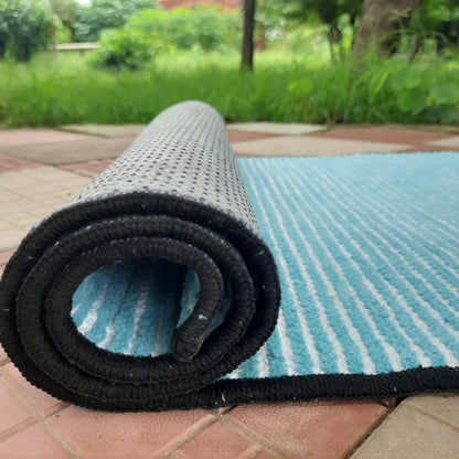 Avioni Luxury Soft Premium Chenille Stripe -Aqua Blue & White- Yoga Mat 60cm x 180cm (~2×5.5 Feet)