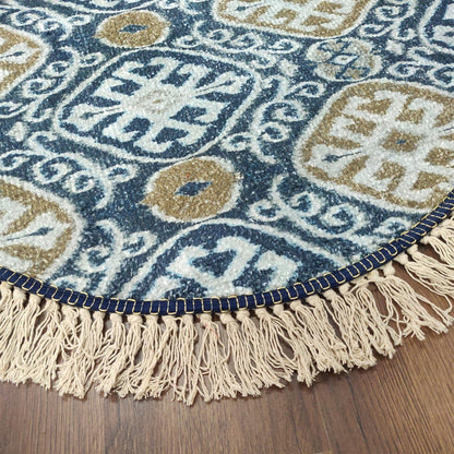 Avioni Faux Silk Carpet – Contemporary Round Rug -Blue Ethnic Pattern