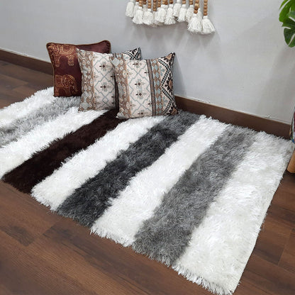 Flurry Yarn Fur Dhurrie For Living Room|Silver Stripes|By Avioni| 90cm x 150cm (~3×5 Feet)