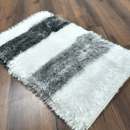 Flurry Yarn Fur Dhurrie For Living Room|Silver Stripes|By Avioni| 90cm x 150cm (~3×5 Feet)