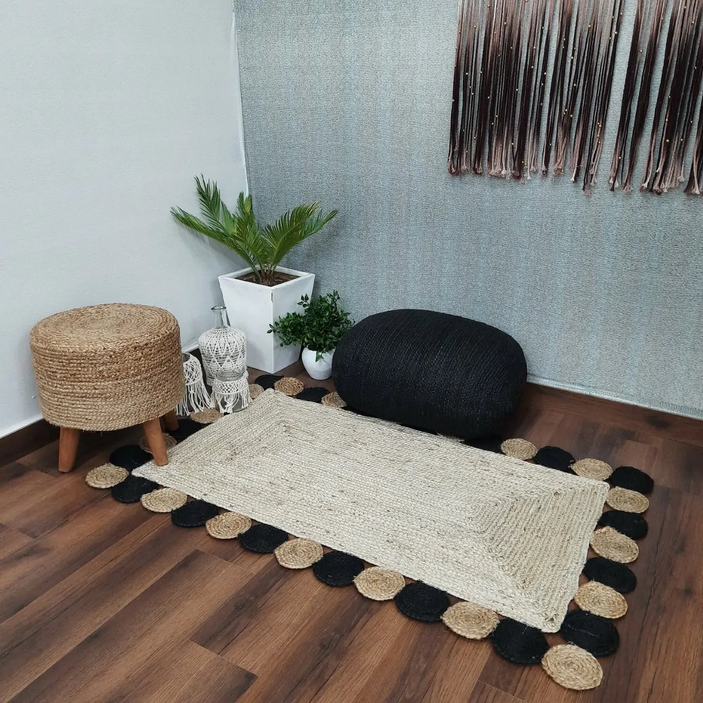 Avioni Premium Boho Collection-Braided Chindi With Black Tikki Rectangular Carpet- Multiple Sizes