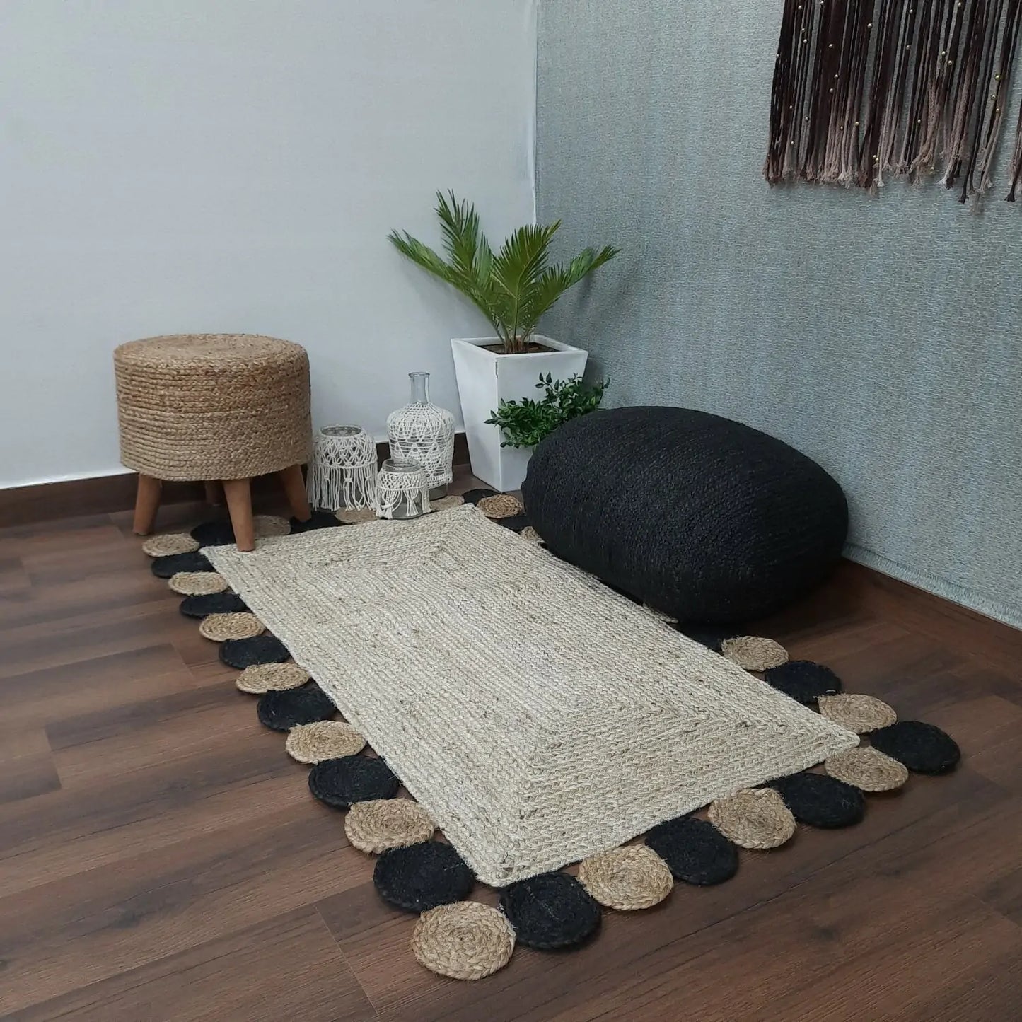 Avioni Premium Boho Collection-Braided Chindi With Black Tikki Rectangular Carpet- Multiple Sizes