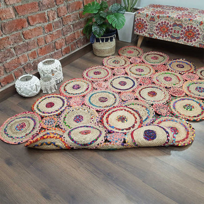 Avioni Premium Boho Collection-Chindi With Jute Rounds -Multicolor With Jute Area Rug/ Carpet – multiple sizes