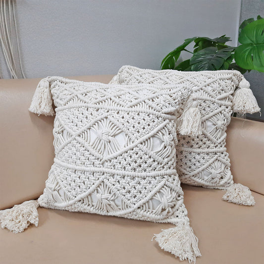 Set of Two – Bohemian Style Hand Knotted Macrame Cushion Covers 100% Bleached Cotton- 16X16 Inch (~40×40 cms)