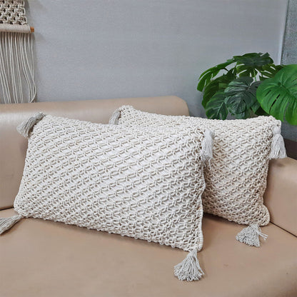 Set of Two – Bohemian Style Hand Knotted Macrame Cushion Covers 100% Bleached Cotton- 16X24 Inch (~40×60 cms)