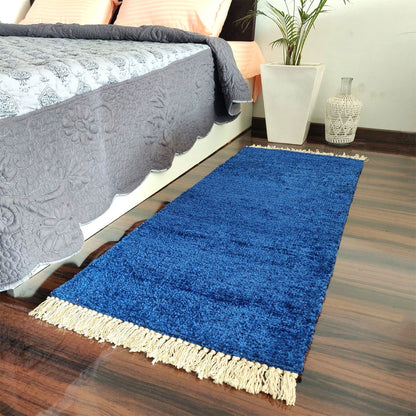 Clearance sale-Avioni Bedside/Hallway/Pooja Carpets In Faux Silk Blue-(22X55 Inch)-56X140 cms