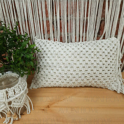 Bohemian Style Hand Knotted Macrame Cushion 100% Bleached Cotton With Filler- 12X20 Inch (30×50 cms)