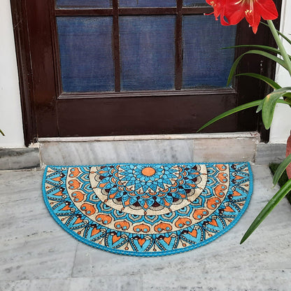 Avioni Home Floor Mats in Beautiful Blue Tone Rangoli Design | Half Circle Rugs | Anti Slip, Durable & Washable | Outdoor & Indoor