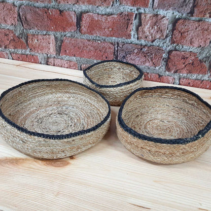 Avioni Home- Hand Braided Natural Jute Baskets With Black Border – Set of 3 (31x31cms, 25x25cms, 21×21 cms)