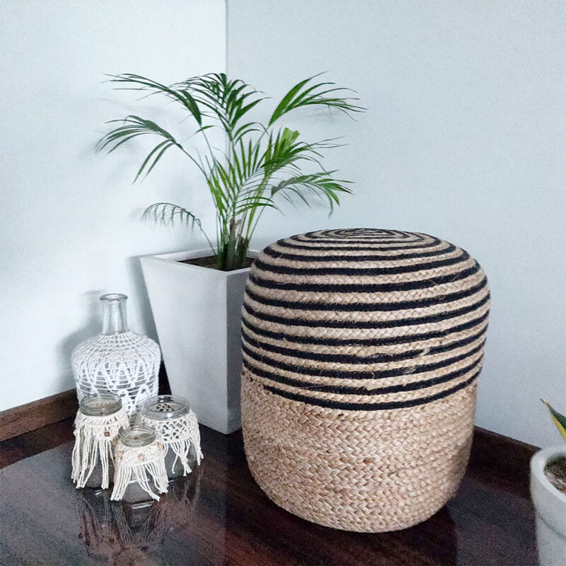 Bigmo Boho Braided Natural Jute and Black Dori Pouf Ottoman Large Size