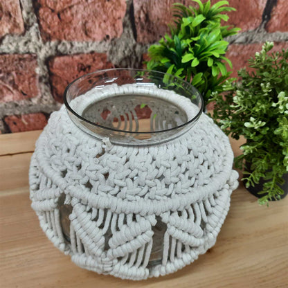 Avioni Home Hand Moulded Glass Jars Round Shaped With Beautifully Crafted Macrame Cover Candle Lantern-7 X 8 Inches ( 18*20 cms)