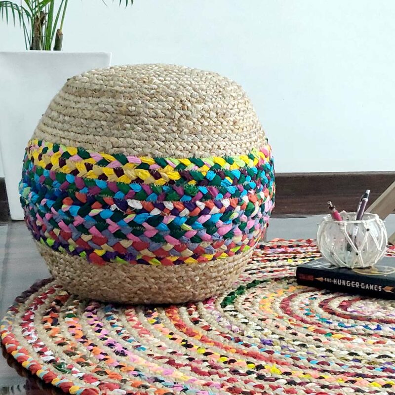 Bigmo Boho Braided Multi Chindi Rainbow Colors Natural Jute Pouf Ottoman