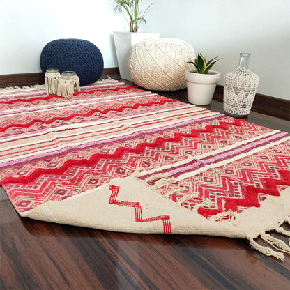 Avioni Boho Look Cotton Printed & Part Tufted Floor Rug / Durrie 120cm x 180cm (~4Feet x 6Feet) Rectangle