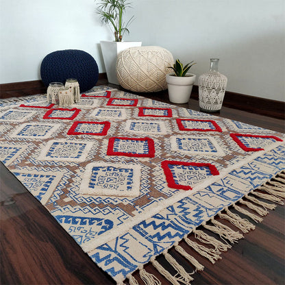 Avioni Boho Look Cotton Printed & Part Tufted Floor Rug / Durrie 120cm x 180cm (~4Feet x 6Feet) – Blue Red Diamonds