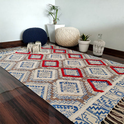 Avioni Boho Look Cotton Printed & Part Tufted Floor Rug / Durrie 120cm x 180cm (~4Feet x 6Feet) – Blue Red Diamonds