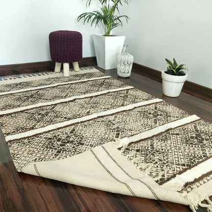 Avioni Boho Look Cotton Printed & Part Tufted Floor Rug / Durrie – Brown