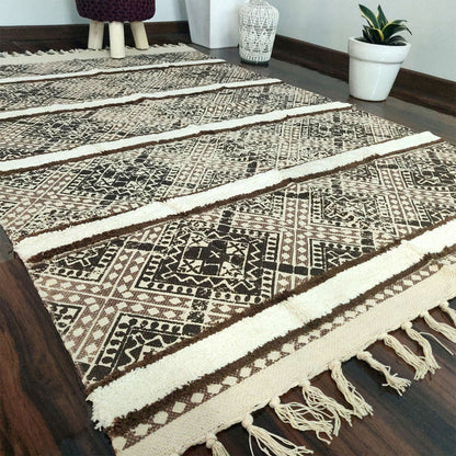 Avioni Boho Look Cotton Printed & Part Tufted Floor Rug / Durrie – Brown