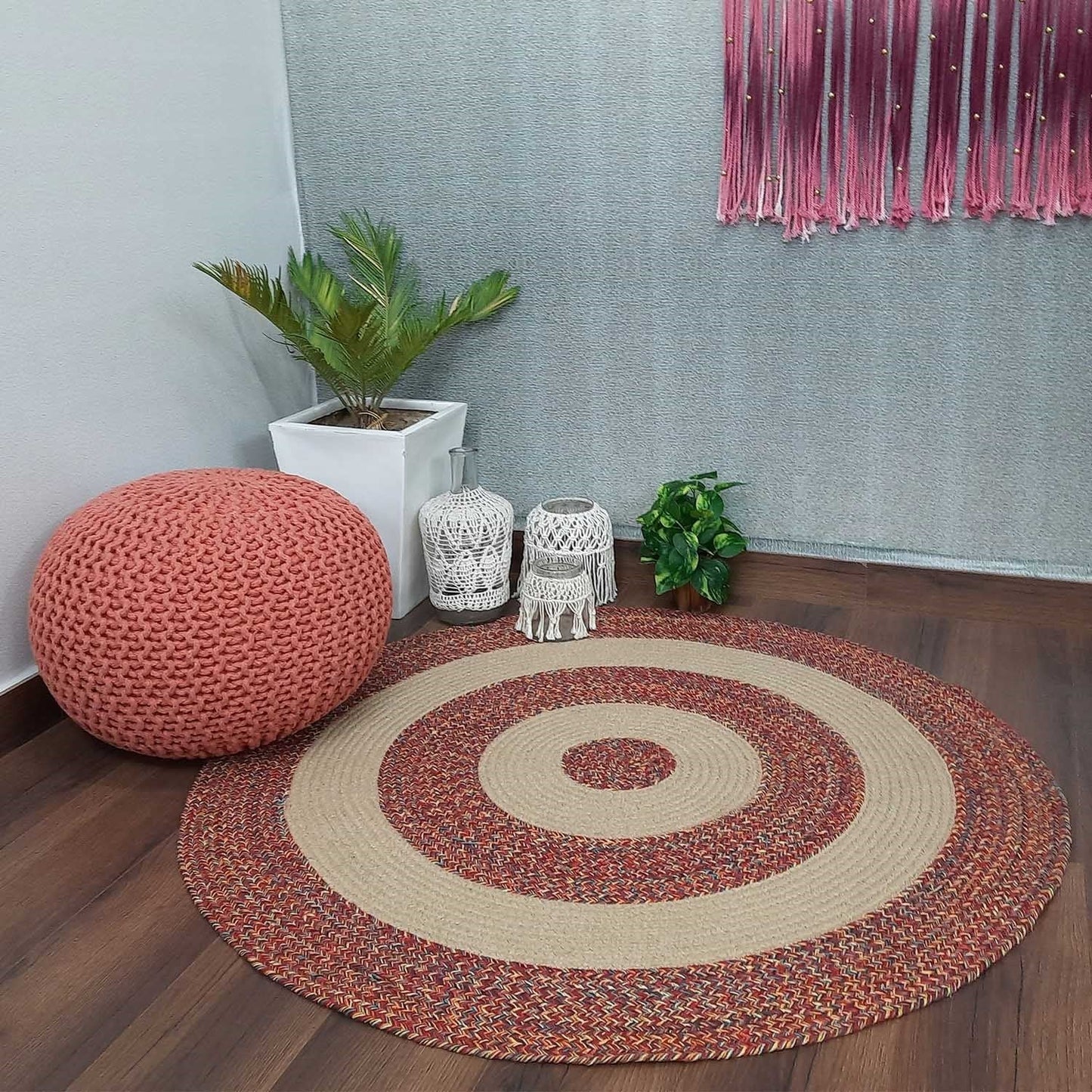 Avioni Cotton Rugs Braided Round- Red – 120 cms (4 Feet)