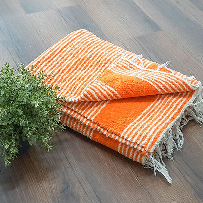 Clearance Sale-Avioni Handloom Luxe Cotton Durries in White and Orange Stripes- 90cm x 150cm (~3×5 Feet)