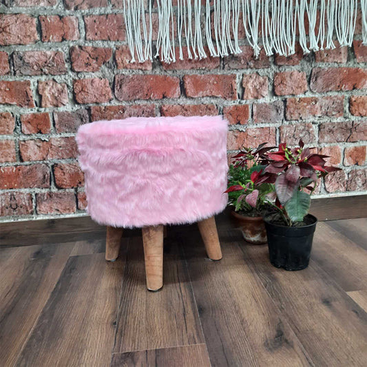 BIGMO Luxury Long Pink Fur Stool/ Ottoman (4 Legs for added stability-Natural Finish )