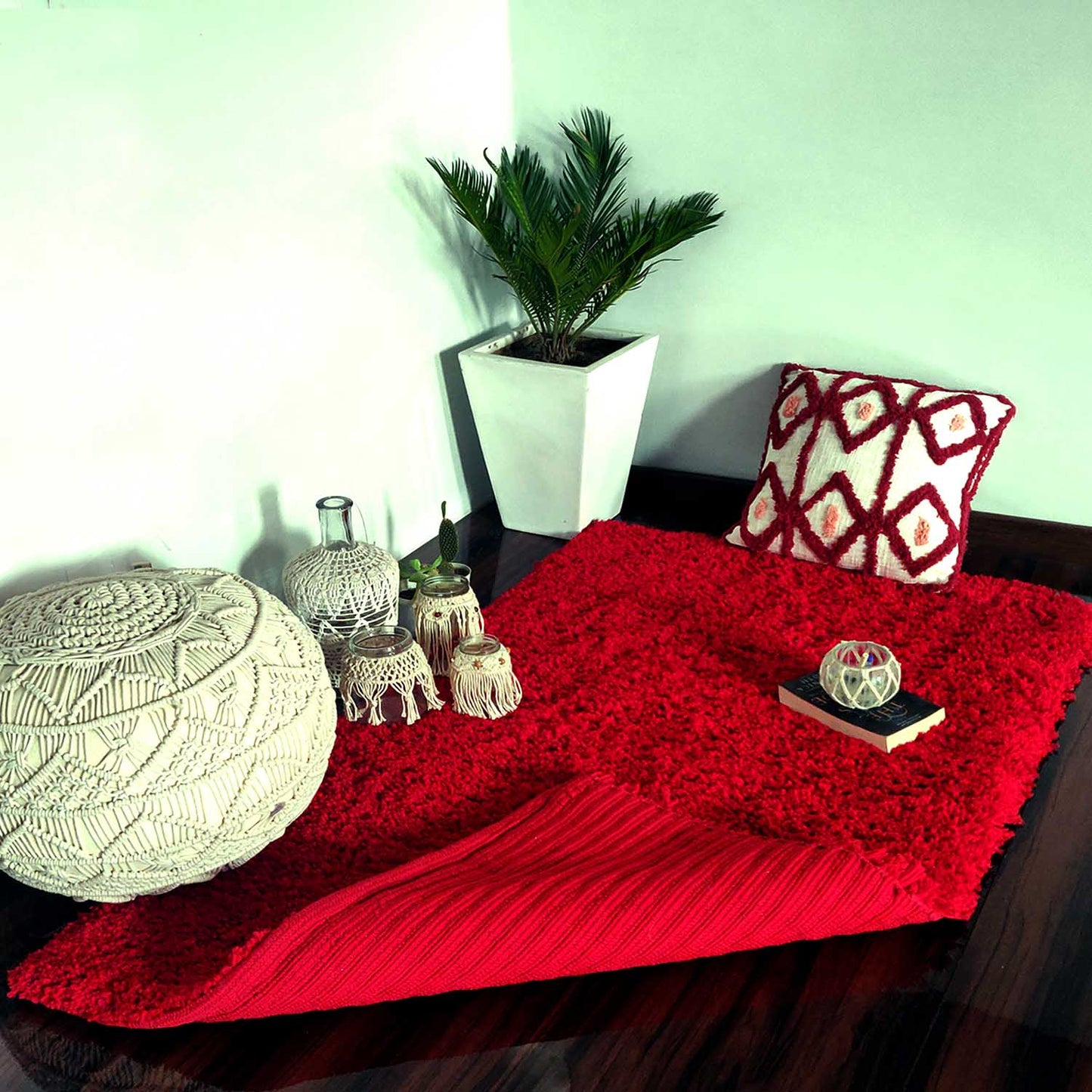 Shaggy Carpet | Washable | Hand Woven Super Luxurious Feel | Export Quality- Red Color