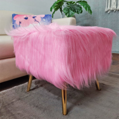 Noviato Collection – Pink Premium Long Faux Fur Footstool Gold Metal Legs Modern On-Trend Style Square Multi-Functional Ottoman Stool Seat, 40 cm Tall | from Avioni